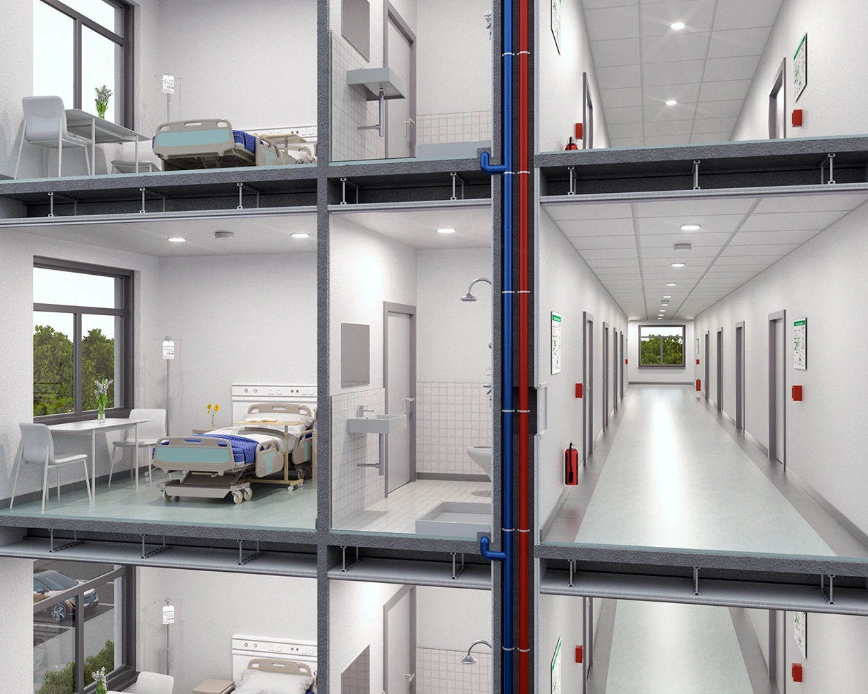 Querschnitt eines Patientenzimmers in einem Krankenhaus