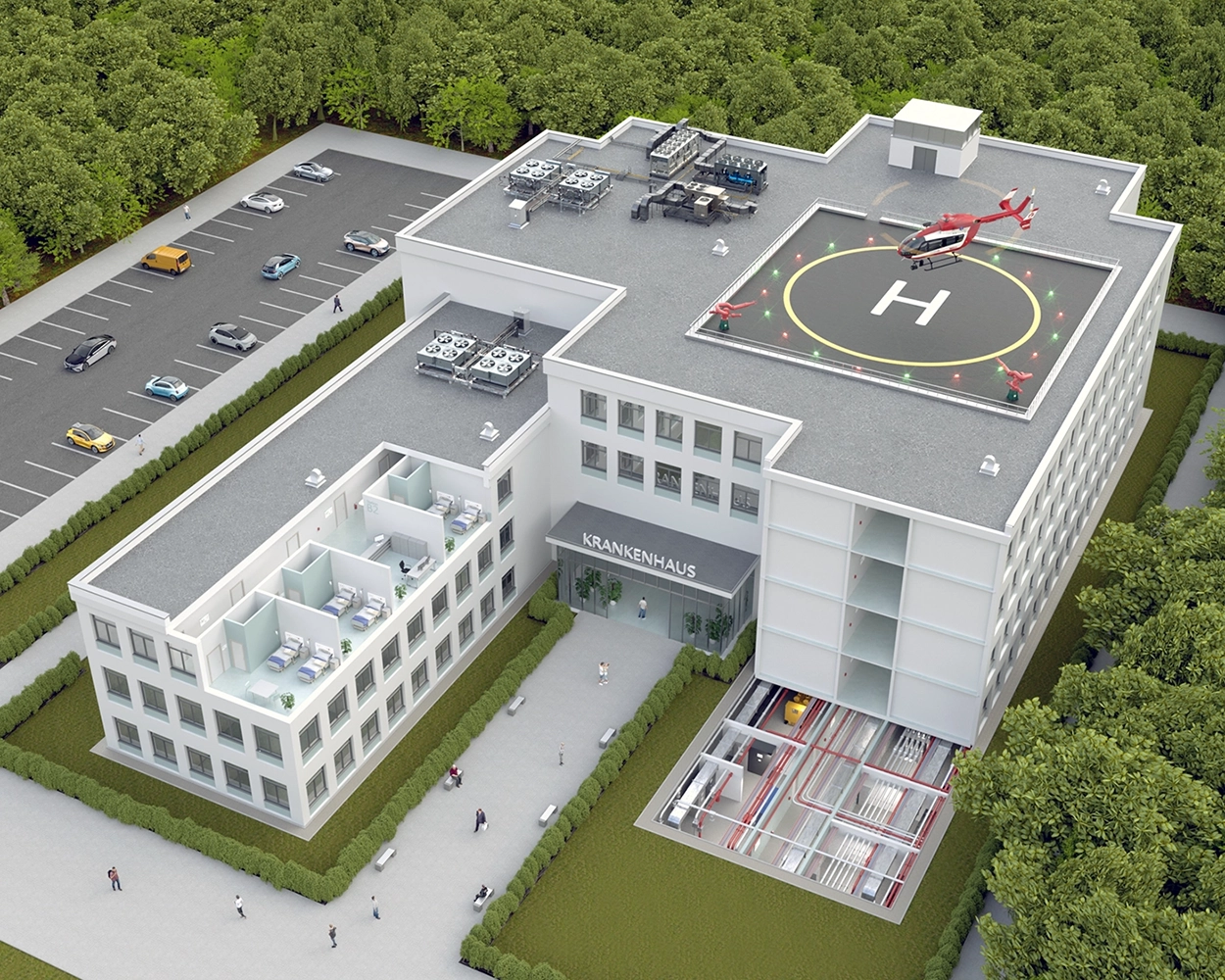 Gebäudeübersicht eines Krankenhauses